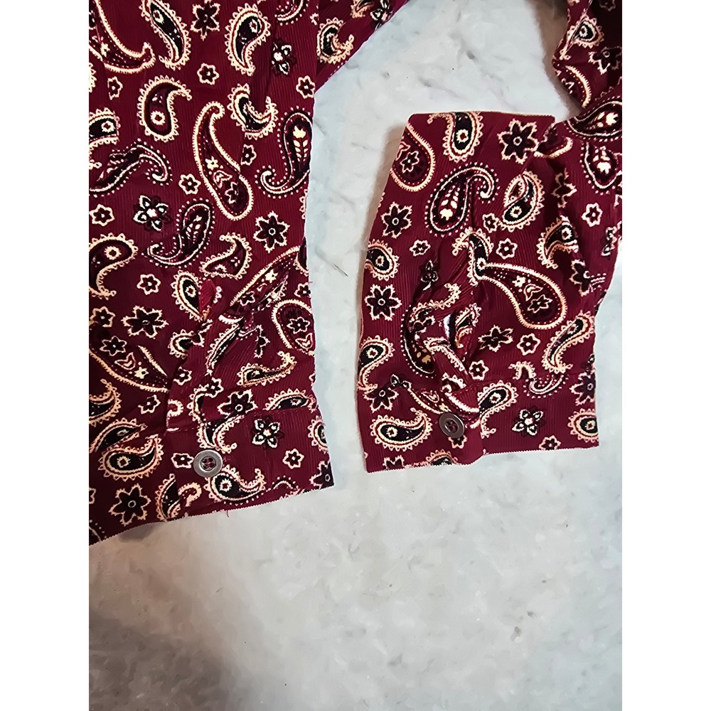 Umgee Burgundy Paisley Corduroy Western Button Down Shirt Raw Hem Large New - Picture 5 of 9